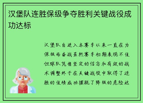 汉堡队连胜保级争夺胜利关键战役成功达标