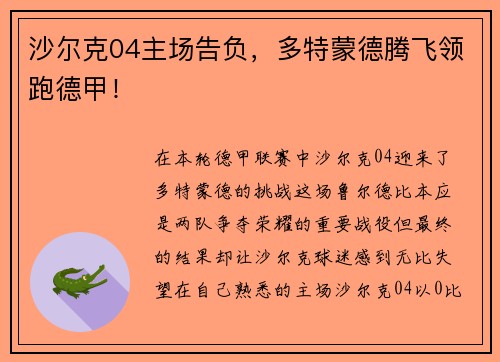 沙尔克04主场告负，多特蒙德腾飞领跑德甲！