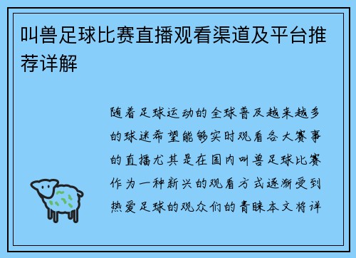 叫兽足球比赛直播观看渠道及平台推荐详解
