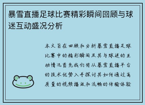 暴雪直播足球比赛精彩瞬间回顾与球迷互动盛况分析
